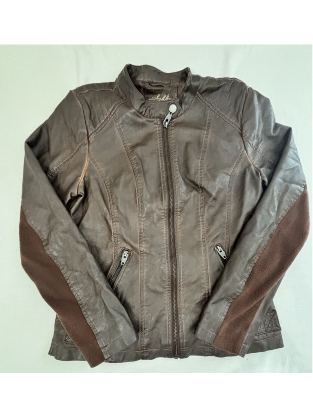 Sebby Collection Brown Faux Leather Moto Jacket Women’s S Rib Knit Full Zip